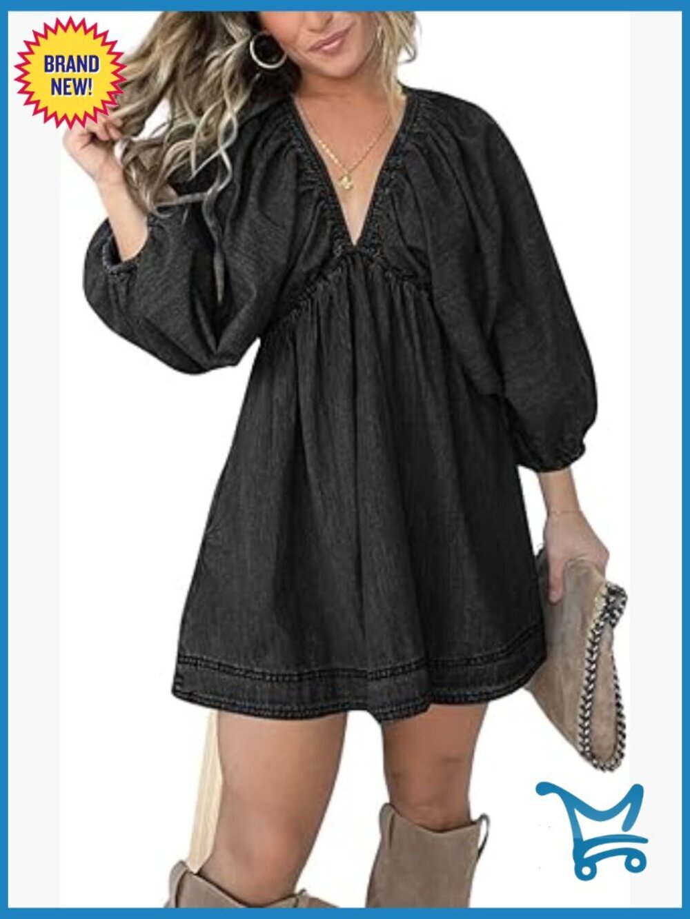 Denim Babydoll Dress - V Neck Puff Sleeve Swing Flowy Midi Shift Dress - Picture 1 of 6